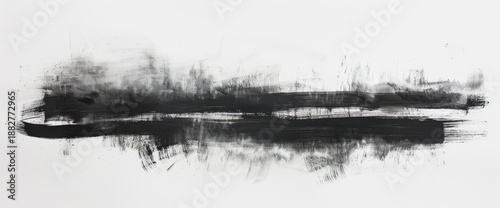 Abstract ink drawing on white. Horizontal strokes in dark tones suggest a landscape or horizon line