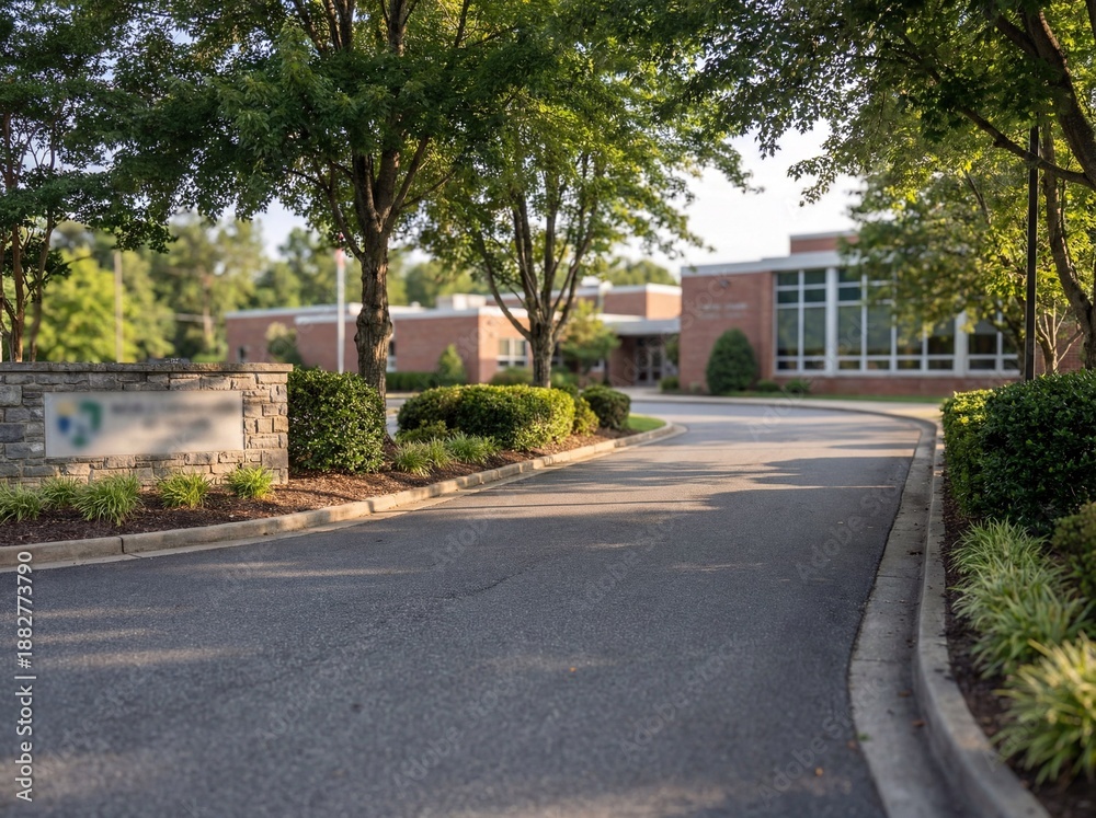 Fototapeta premium A quiet campus driveway lined with mature trees and landscaped greenery leading to a modern brick school building, captured in soft morning light.