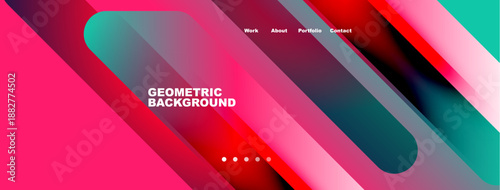 Abstract geometric design. Vibrant pink, teal gradients dominate. Navigation menu present. Modern aesthetic, clean lines visible.