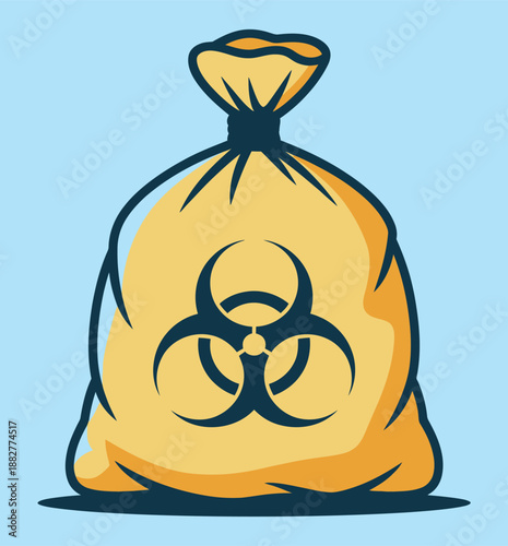 A bright yellow biohazard waste bag with a prominent universal biohazard symbol clearly visible on its front tied at the top with dark blue drawstring