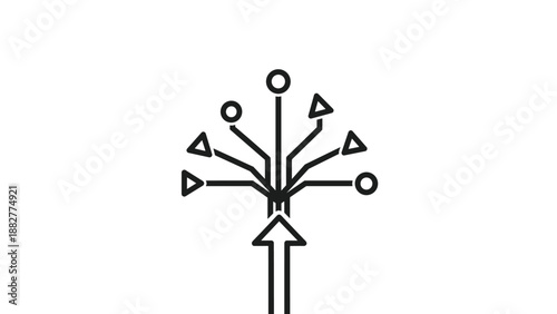 Animated concept of diversification and multiple opportunities, shown by a single arrow splitting into various paths with different endpoints.