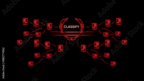Fotografie Red glowing classify concept with documents and lines on black background neon