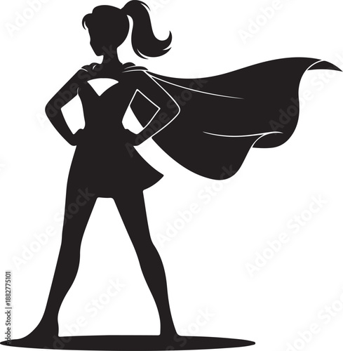 Black silhouette of a strong superhero woman with a flowing cape standing confidently with hands on hips.