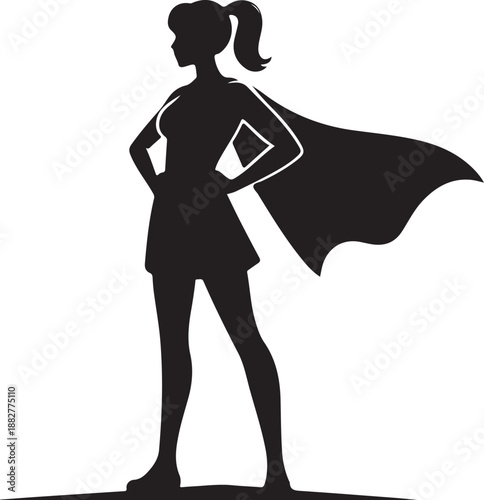 Black silhouette of a strong superhero woman with a flowing cape standing confidently with hands on hips.