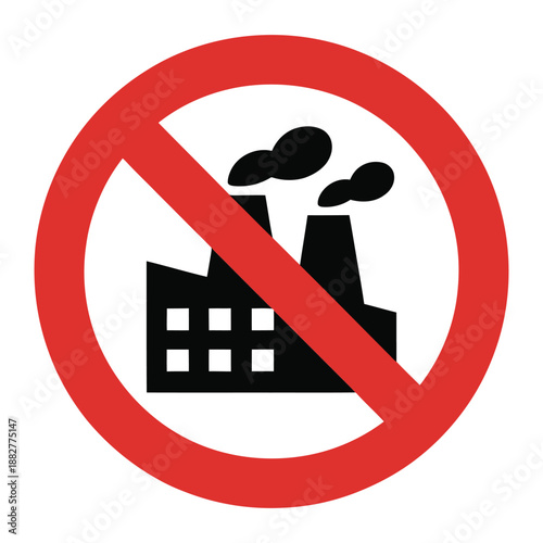 Graphic symbol representing prohibition of industrial factories with smoke emitting from chimneys in a red circle with a diagonal line