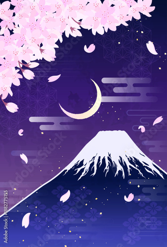 桜と富士山と三日月のイラスト_縦2