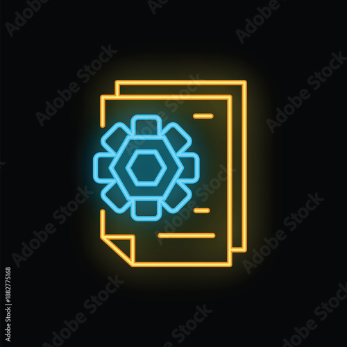 Glowing neon icon of documents with configuration gear sign representing system settings