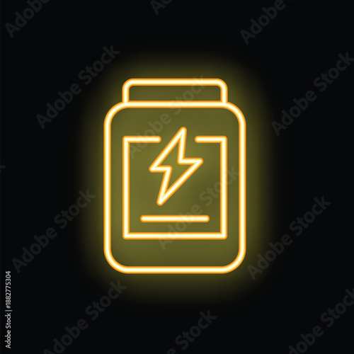 Neon icon of a sports nutrition container glowing yellow on black background