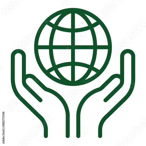 Green line art icon of cupped hands gently holding a stylized globe representing global care and environmental protection concepts