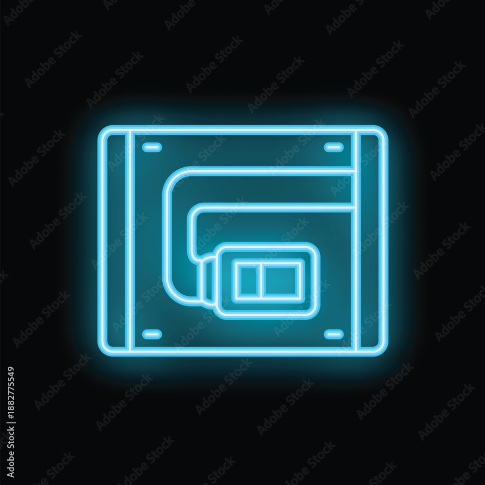 Fototapeta premium Blue neon icon of a vhs cassette tape glowing on a black background, representing 80s and 90s nostalgia