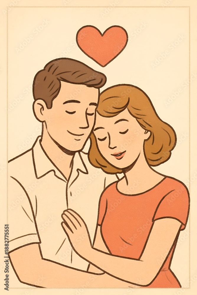 Obraz premium Hand-drawn retro illustration of a loving couple embracing tenderly with a heart for lasting relationship concept and emotional connection