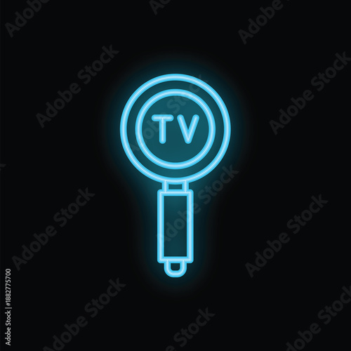 Blue neon icon of a magnifying glass focusing on tv on a black background