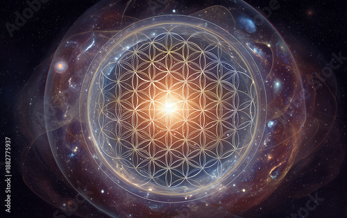 Universe center featuring white sun and galaxies with spiritual consciousness. Sacred geometry flower of life, stars, planets, and light pillar in a hologram space for meditation and soulawakening.