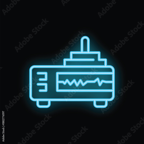 Blue neon icon of a seismograph recording seismic waves on a black background