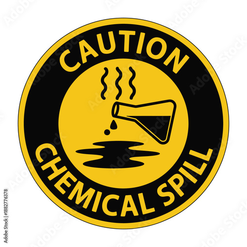 Warning sign indicating a chemical spill with a laboratory flask pouring liquid onto a dark surface with steam rising above the spill area