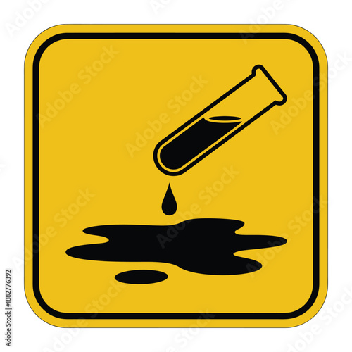 Warning sign indicating corrosive substance hazard with a dripping test tube spilling liquid onto a hazard symbol area