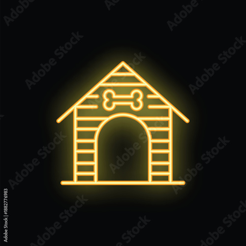 Bright yellow neon sign in the shape of a dog house with a bone above the entrance, shining on a black background