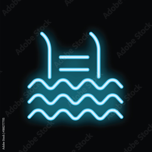 Blue neon sign of a swimming pool is glowing on a black background