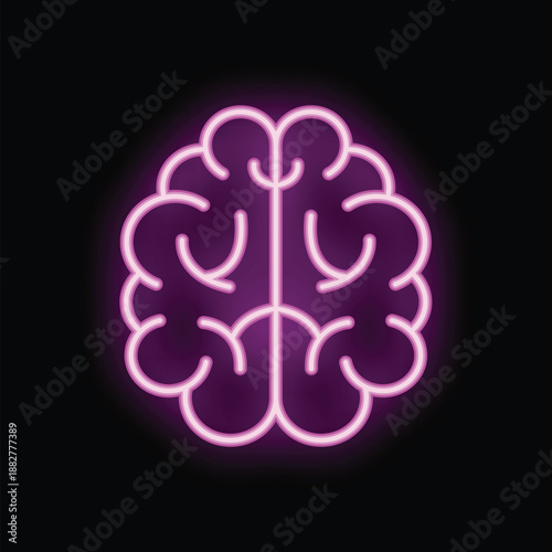 Neon sign illustrating a human brain with glowing purple light