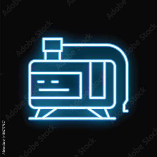 Bright blue neon sign of a train traveling at night, illuminating the darkness with its vibrant glow