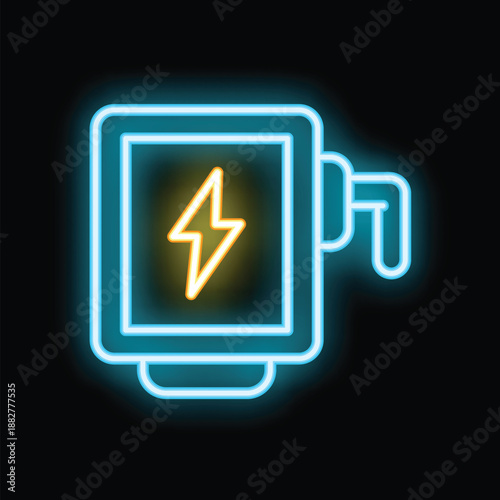 Glowing neon icon of a power bank charging, indicating the battery level with a lightning symbol