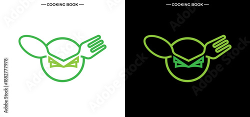 Cookbook design vector combined with an image of the green Deliveroo ninja symbol and a recipe using a fork and spoon. Suitable for food blogs or cookbooks.
