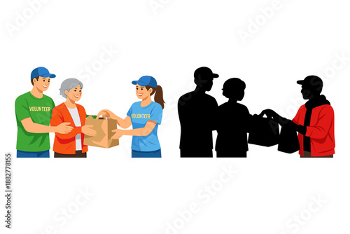 Volunteers helping an elderly woman with groceries