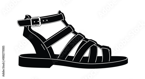 a detailed black and white illustration depicts a single sandal with straps showcasing a minimalist design presented as a striking silhouette