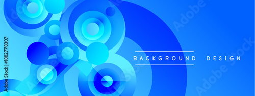 Abstract blue circles create dynamic background. Gradient shades offer modern visual appeal, suitable for banners or headers.