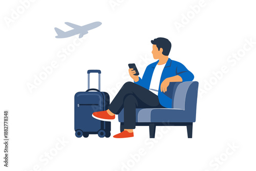 Man waiting in airport lounge with suitcase and phone