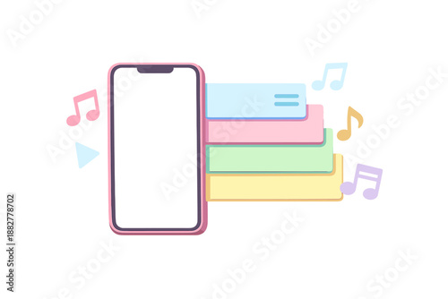 Smartphone with colorful music notes and playback icon