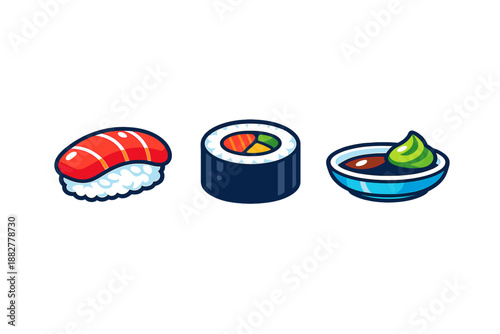 Cute Sushi Icons with Wasabi and Soy Sauce