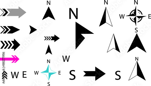 Variety of compass rose designs and directional indicators for cartography and travel themes