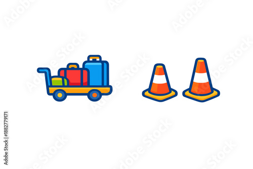Luggage cart with suitcases and traffic cones