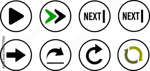 Set of essential navigation and action icons including next reload arrow and playback buttons in circular frames