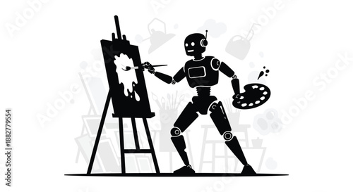 a robotic figure stands before an easel diligently painting a portrait with artistic flair presented as a striking silhouette high quality