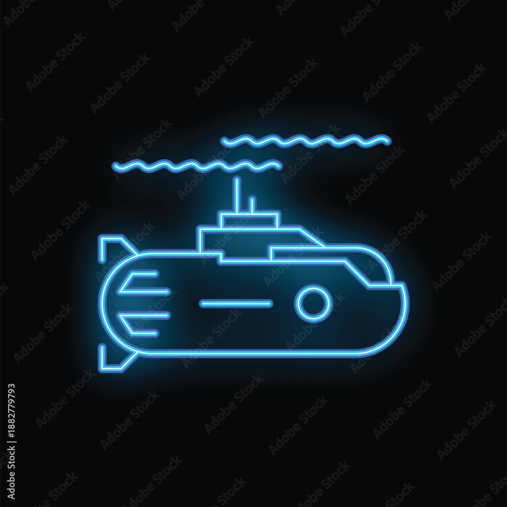 Fototapeta premium Blue neon icon of a submarine emitting smoke while navigating dark waters, perfect for projects related to underwater exploration