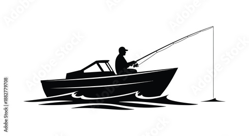 a lone figure casting a fishing line from a small boat displaying a peaceful outdoor scene presented as a striking silhouette