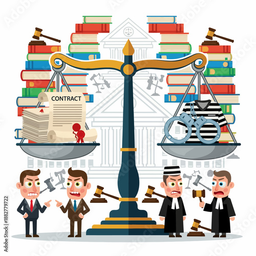 Illustration depicting the concept of law and justice with a classic balance scale, weighing legal