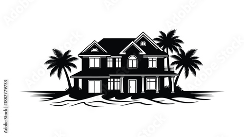 a black and white illustration of a house with palm trees and ocean silhouette