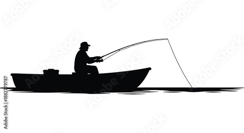 a solitary figure patiently fishing from a small boat on calm water showcasing a tranquil outdoor recreation scene silhouette high quality