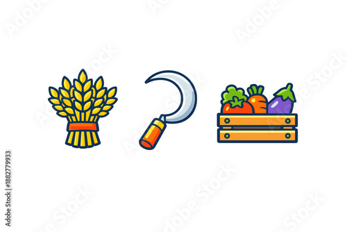 Farm harvest icons: wheat, sickle, and vegetable crate