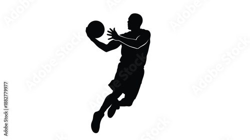 a basketball player leaping in the air with the ball silhouette