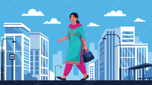 Vector illustration of an Indian woman in salwar kameez walking through a modern city street, showing confidence, everyday urban life, and traditional fashion in a contemporary lifestyle setting