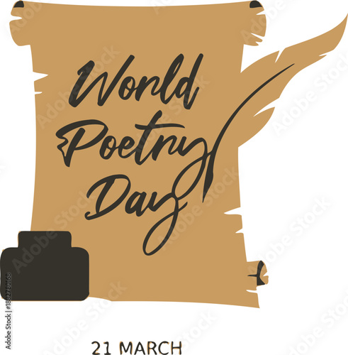 World Poetry Day March 21 Banner with Vintage Parchment Scroll, Quill Pen and Inkwell