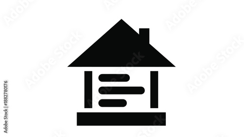 a simple black house icon with a chimney and fence silhouette