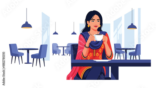 Vector illustration of an Indian woman wearing a kurti enjoying coffee at a modern café, combining traditional clothing with relaxed urban lifestyle and contemporary social culture