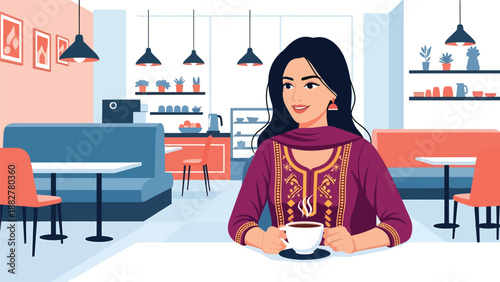 Vector illustration of an Indian woman wearing a kurti enjoying coffee at a modern café, combining traditional clothing with relaxed urban lifestyle and contemporary social culture