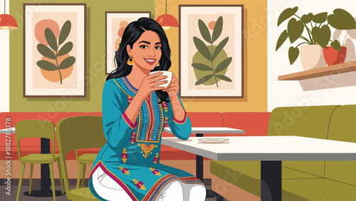 Vector illustration of an Indian woman wearing a kurti enjoying coffee at a modern café, combining traditional clothing with relaxed urban lifestyle and contemporary social culture