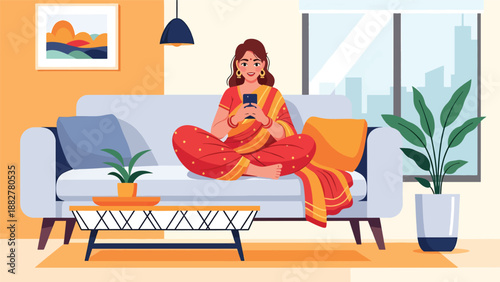 Vector illustration of an Indian woman in a saree using a smartphone for online shopping, highlighting digital lifestyle, technology adoption, and traditional fashion in modern daily life